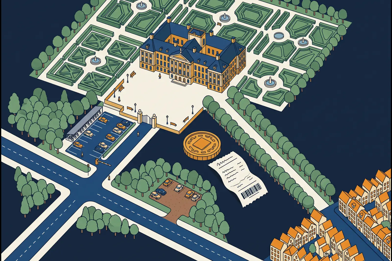 Getekende kaart van Paleis Het Loo van bovenaf: het paleis met symmetrische tuinen, parkeerplaats met auto's en een fietsenstalling bij de entree, een bosparkplaats tussen de bomen en een parkeermunt met kaartje op de kaart