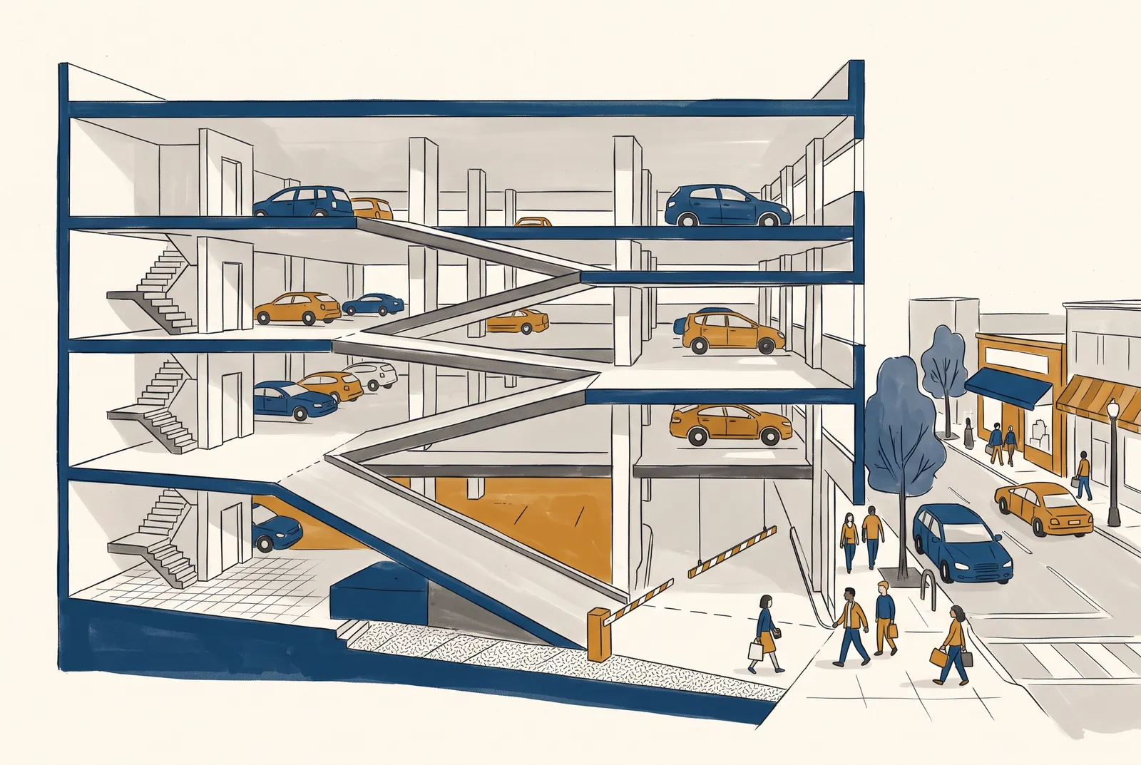 Getekende doorsnede van een parkeergarage met vier lagen, een hellingbaan en een slagboom aan de straatkant