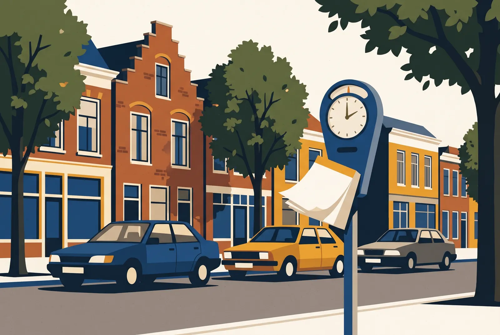 Getekende straat met oude gevels, drie geparkeerde auto's en een parkeerpaal met een klok